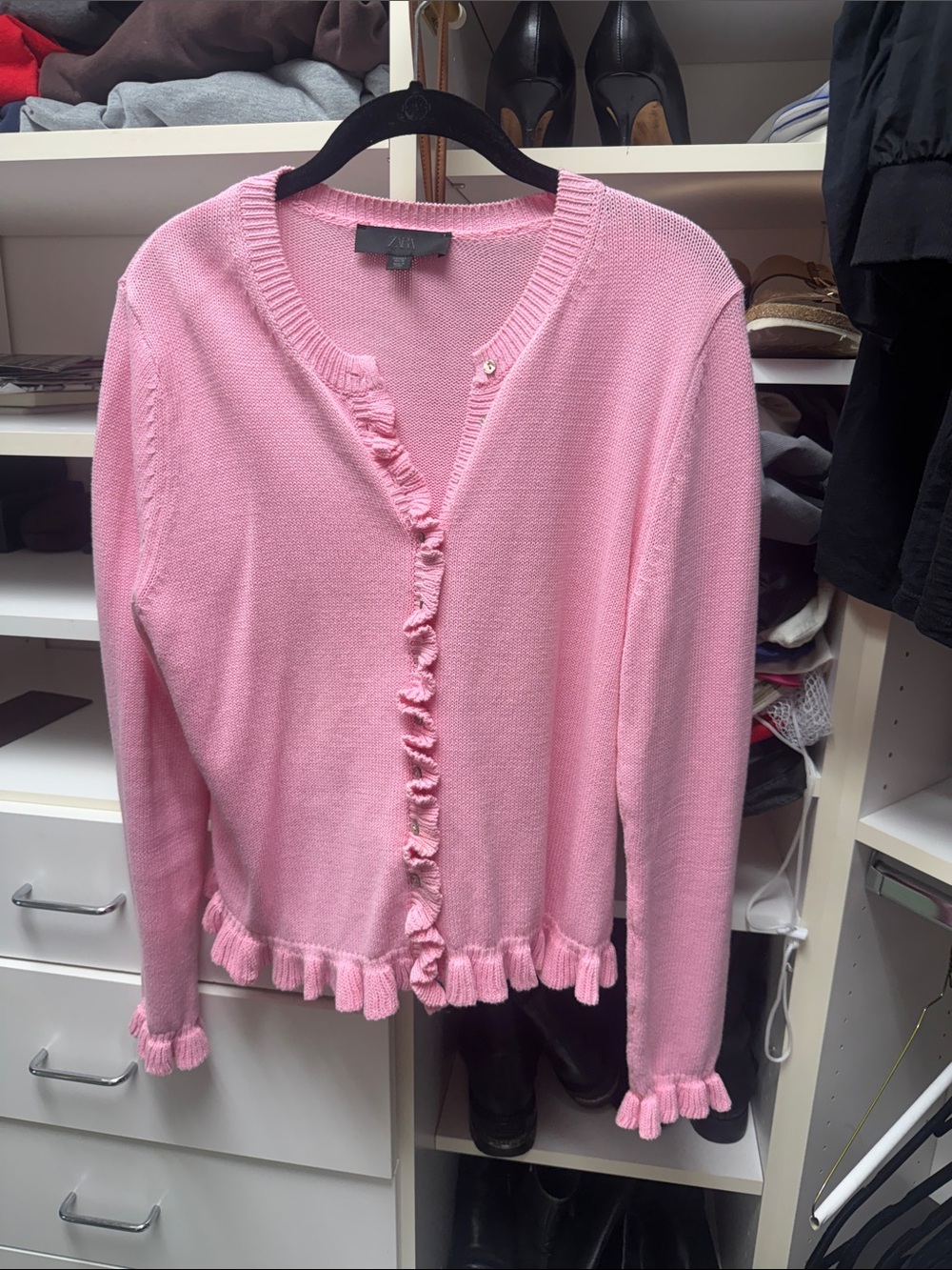 Zara Pink Ruffle-Trim Knit Cardigan